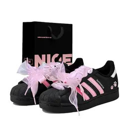 Adidas Женские кроссовки для скейтбординга SUPERSTAR, износостойкие, увеличивающие рост, низкие, черные, розовые jh9977(team1326-奶芙粉爪sbox) | black pink
