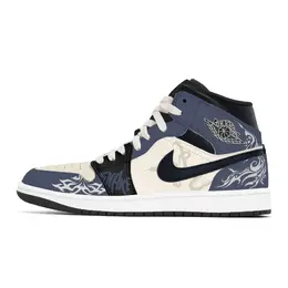 Jordan 1. Износостойкие винтажные баскетбольные кроссовки среднего размера унисекс, белые, синие dq8426-001(team778-灵蛇新生) | white blue