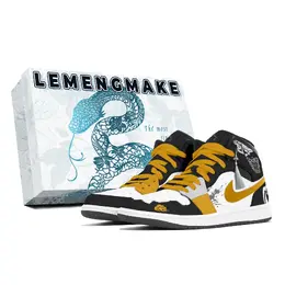 Jordan Баскетбольные кроссовки Air 1 Joy Lemon, износостойкие, среднего размера, винтажные, унисекс, черные, белые, желтые dq8426-001(team399-蛇啸祥云s-box) | black white yellow