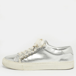 Tory Burch Silver/White Leather Tory Sport Ruffle Low Top Sneakers Size 37 1218165
