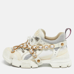 Gucci White Knit Fabric and Leather Flashtrek Lace Up Sneakers Size 40 1220235