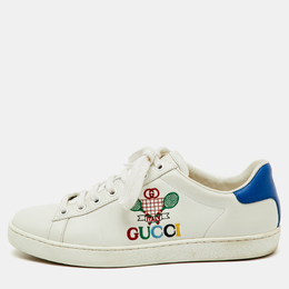 Gucci White/Blue Leather Ace Tennis Embroidered Low Top Sneakers Size 37.5 1220421