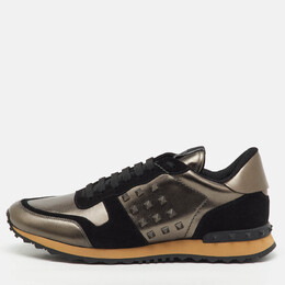Valentino Black/Metallic Leather and Suede Rockrunner Low Top Sneakers Size 45 1220831