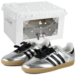 Adidas Самба OG Silver Flower Rhino низкие скейтерские кроссовки женские черно-серебристые Silver Flower подарочная коробка премиум, цвет Silver Flower-High-End Gift Box 3 jr0035(team96-女银花系s-box) | silver flower-high-end gift box 3