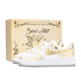 Кроссовки Nike Air Force 1 Unisex низкие бело-золотые, цвет White Gold Shopping Bag fj4146-100（team445-阿波罗太阳神） | white gold shopping bag