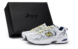 New Balance Кроссовки NB 530 противоударные нескользящие дышащие низкие унисекс белые серебристые бежевые желтые, цвет White Silver Beige Yellow mr530sg(team80-男女款无糖苏打米黄s-box) | white silver beige yellow