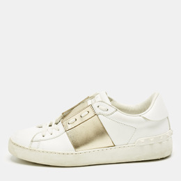 Valentino White/Gold Leather Rockstud Low Top Sneakers Size 38 1225010
