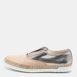 Tod's Silver and Beige Patent and Leather Francesina Slip On Espadrille Sneakers Size 35.5 701341