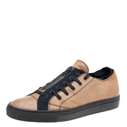Valentino Beige/Black Leather And Canvas Zip Detail Low Top Sneakers Size 46 612624