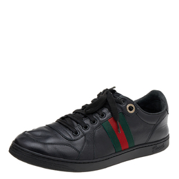 Gucci Black Leather Web Low Top Sneakers Size 42 612510