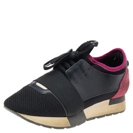 Balenciaga Black/Fuchsia Leather And Mesh Race Runner Sneakers Size 37 581891