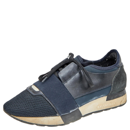 Balenciaga Black/Blue Leather And Mesh Race Runner Sneakers Size 38 580777