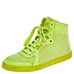 Gucci Neon Green Perforated Leather Lace Up High Top Sneakers Size 38.5 562224