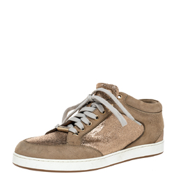 Jimmy Choo Beige Glitter And Suede Miami Lace Up Sneakers Size 38 479409