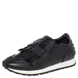 Tod's Black Leather Fringed Slip On Sneakers Size 37 475983