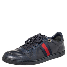 Gucci Navy Blue Leather And Canvas Web Low Top Sneakers Size 44 466198