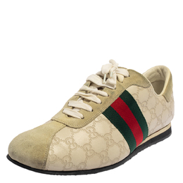 Gucci Cream Suede And Leather Web Low Top Sneakers Size 43.5 445729