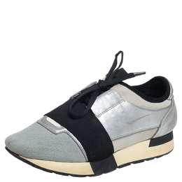 Balenciaga Grey/Silver Leather And Knit Fabric Race Runner Sneakers Size 38 433822