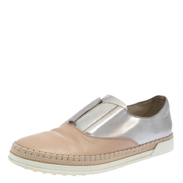 Tod's Beige/Silver Leather Francesina Slip On Espadrille Sneakers Size 38.5 405264
