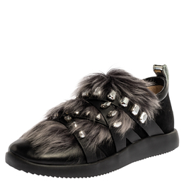 Giuseppe Zanotti Black Suede and Fur Christie Crystal Embellished Slip On Sneakers Size 39 327173