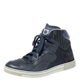 Salvatore Ferragamo Blue Leather and Mesh High Top Sneakers Size 41 336365