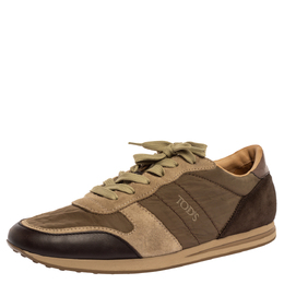 Tod's Brown/Green Nylon, Leather and Suede Low Top Sneakers Size 44 325470