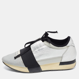 Balenciaga Grey/Silver Leather and Knit Fabric Race Runner Sneakers Size 38 836818