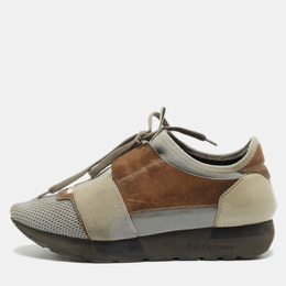Balenciaga Grey/Brown Leather and Mesh Race Runner Sneakers Size 37 848502