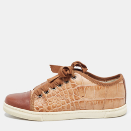 Lanvin Brown Croc Embossed Leather Lace Up Low Top Sneakers Size 36 870524