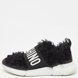 Moschino Black Leather and Faux Fur Logo Slip On Sneakers Size 37 901830