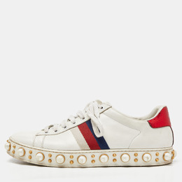 Gucci White Leather Web Detail New Ace Faux Pearl Embellished Low Top Sneakers Size 39 919578