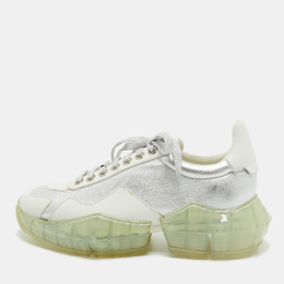 Jimmy Choo White/Silver Leather Diamond Low Top Sneakers Size 39.5 917617