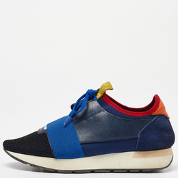 Balenciaga Navy Blue Leather,Suede,Neoprene and Mesh Race Runner Sneakers Size 38 974420