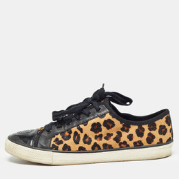 Tory Burch Brown/Black Animal Print Calf Hair and Leather Low Top Sneakers Size 40.5 978399