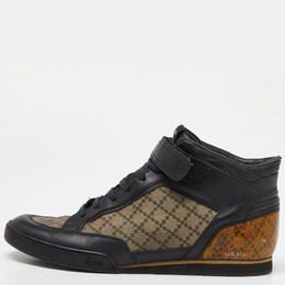 Gucci Black/Beige Leather and Diamante Canvas High Top Sneakers Size 42 991810