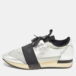 Balenciaga Silver/Grey Leather and Knit Fabric Race Runner Sneakers Size 40 1015482
