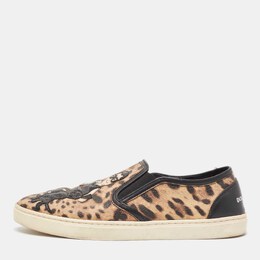 Dolce & Gabbana Brown/Black Leather Leopard print Slip On Sneakers Size 40.5 1012848