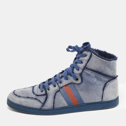 Gucci Blue Suede and Shearling Web Lace Up High Top Sneakers Size 45.5 1023741