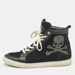 Philipp Plein Black Leather Suede Skull High Top Sneakers Size 40 1041443