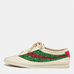Gucci White Glitter and Leather Falacer Lace Up Sneakers Size 43 1046879
