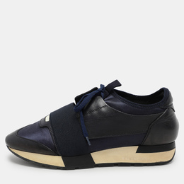 Balenciaga Navy Blue Leather and Satin Race Runner Low Top Sneakers Size 39 1046911