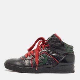 Gucci Black Leather and Snakeskin Leather High Top Sneakers Size 40.5 1068661