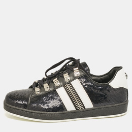Balmain Black/White Leather and Sequins Lace Up Sneakers Size 38 1095429