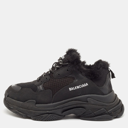 Balenciaga Black Fur and Mesh Triple S Lace Up Sneakers Size 42 1093590