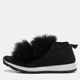 Jimmy Choo Black Knit Fabric and Fur Pom Pom Norway Slip On Sneakers Size 37 1098388