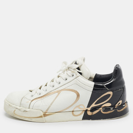 Dolce & Gabbana White/Black Leather and Patent Logo Print Portofino Sneakers Size 37 1101784
