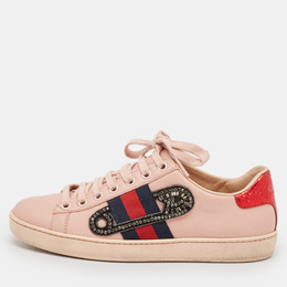 Gucci Pink Leather Crystal Embellished 'Safety Pin' Ace Low Top Sneakers Size 35 1102141