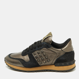 Valentino Metallic/Black Leather and Suede Rockrunner Sneakers Size 37 1105232