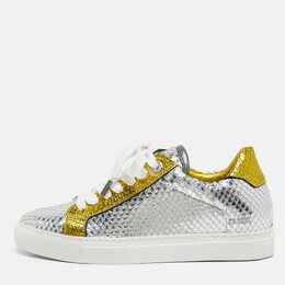 Zadig & Voltaire Silver/Gold Snakeskin Embossed Leather Lace Up Sneakers Size 36 1109114
