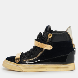 Giuseppe Zanotti Black/Gold Velvet And Patent Leather Coby High Top Sneakers Size 39 1118285